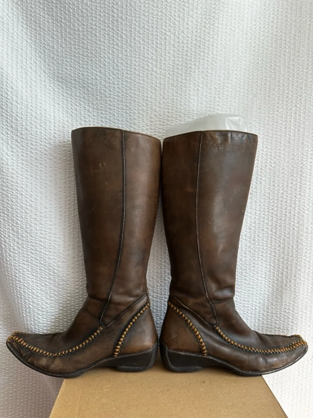 Pikolinos Brown Distressed Leather Tall Boots Whipstitch Side Zip Women’s EU 38